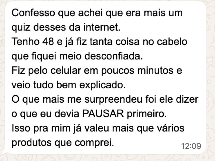 Mensagem de Ilma Costa dizendo que achava que era mais um quiz da internet e que o que mais surpreendeu foi saber o que pausar