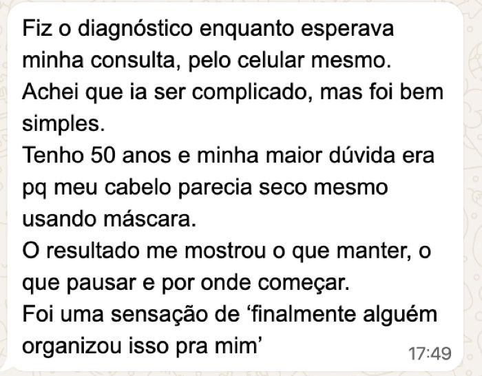 Mensagem de Letícia Maria contando que fez o teste pelo celular na sala de espera e saiu sabendo o que manter e o que pausar