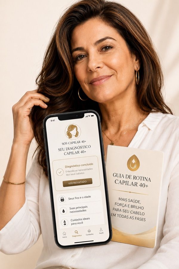 Mulher 40+ sorridente segurando o celular com o resultado do Seu Diagnóstico Capilar 40+ e o Guia de Rotina Capilar 40+